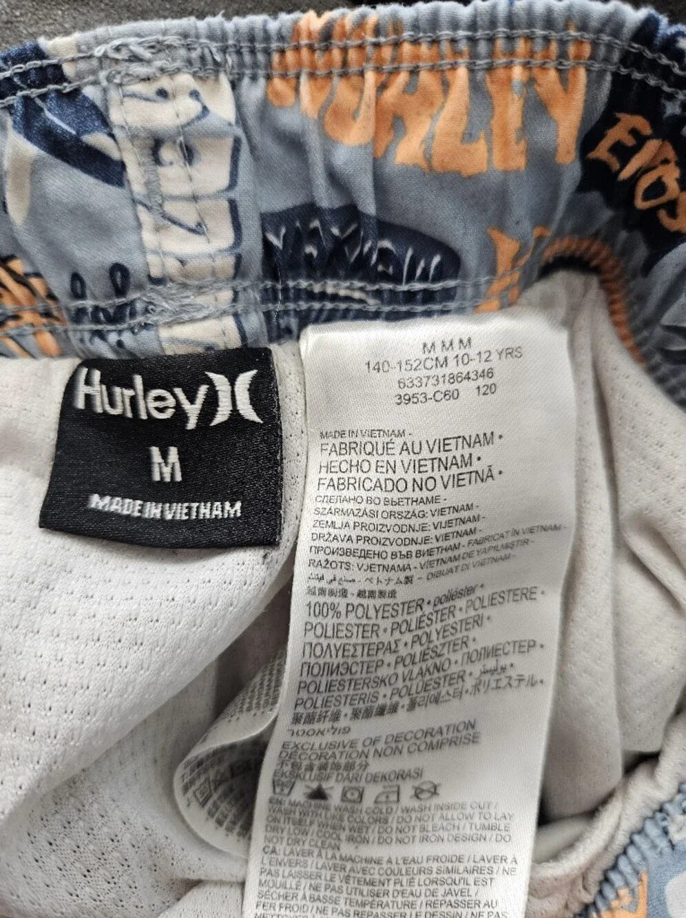 Hurley Light Blue Orange Graphic Surf Print Swim Trunks Boys Medium Swimming